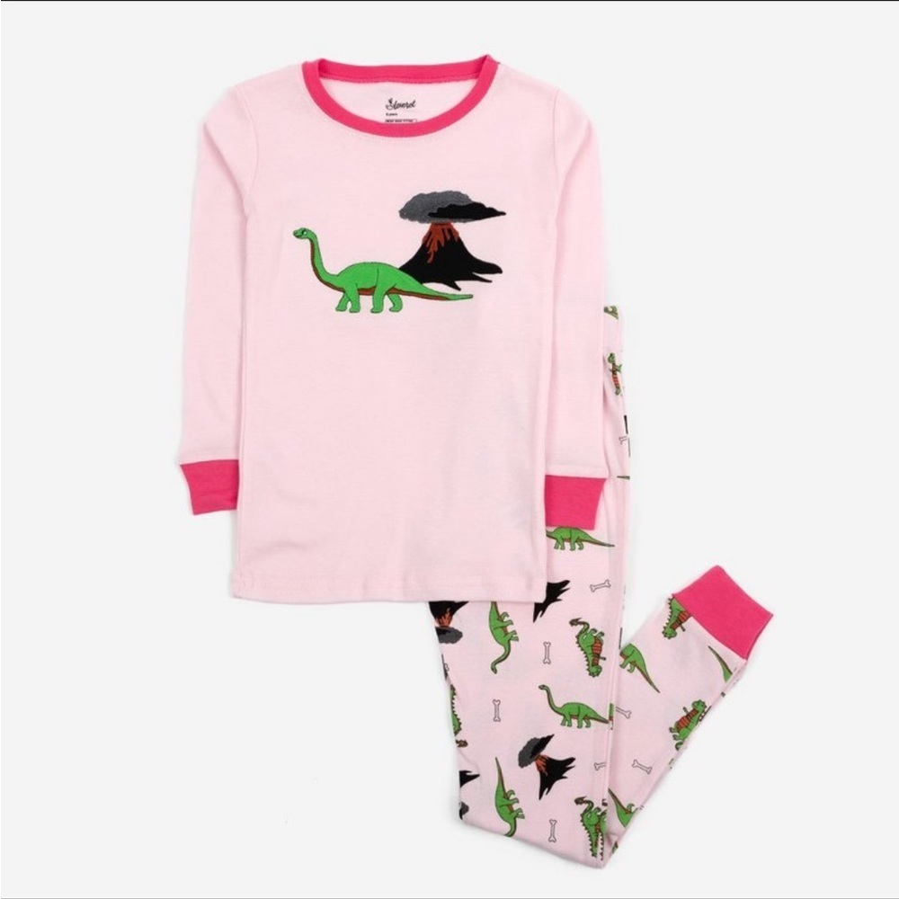 NWT Leveret Girls Pink Dinosaur Pajamas | 2Pc Organic Cotton Set | Long Sleeve